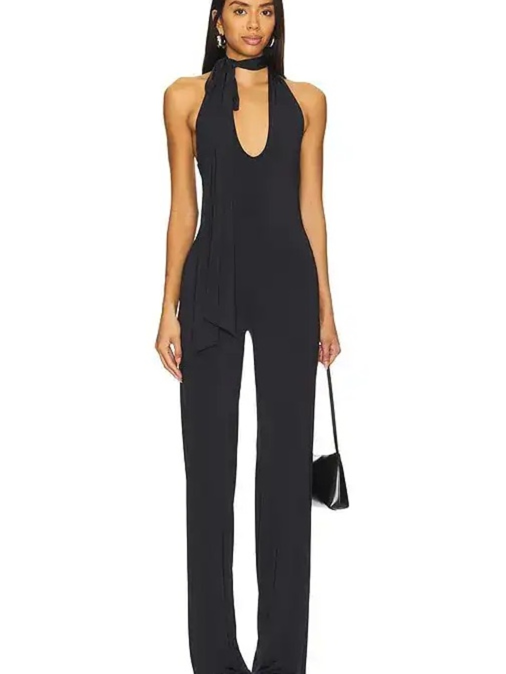Black Halter Tie-Neck Wide-Leg Jumpsuit with Scarf Detail